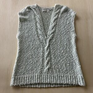 Hand Knit Sweater Vest Womens Large Green V Neck Cable Knit Boucle Textured